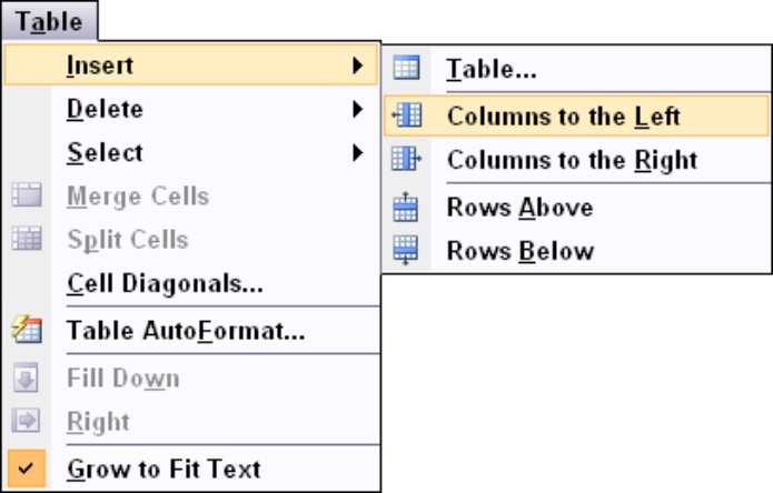 Figure 6-15: The Table Insert submenu.